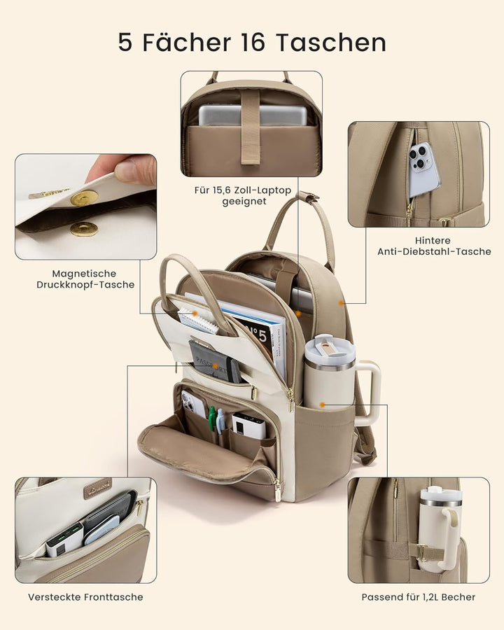 LOVEVOOK Rucksack Damen, 15.6 Zoll Laptop Schulrucksack Teenager mit Grossem Flaschenfach, Uni Schul