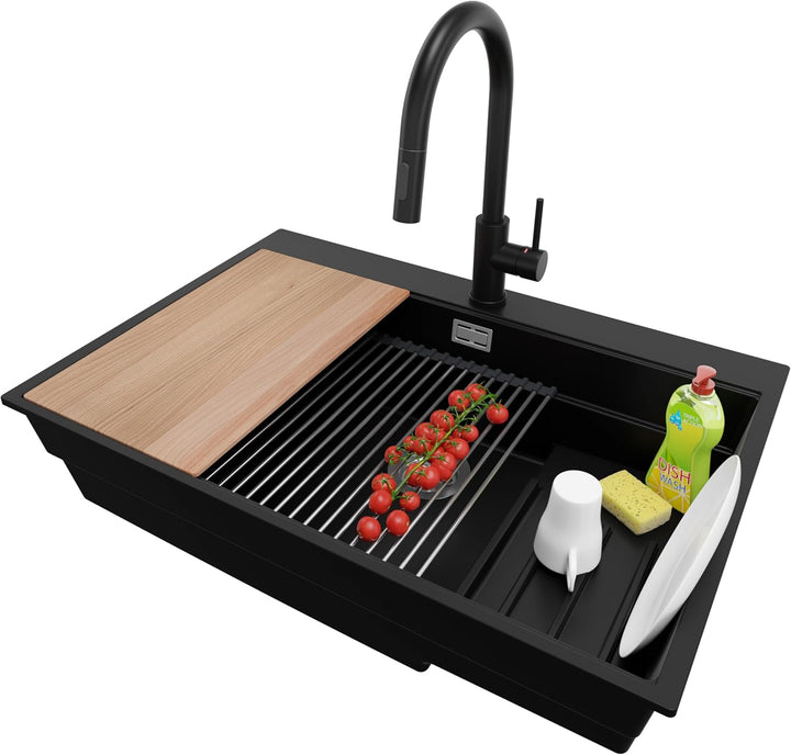Spülbecken Schwarz 78x53 cm, Granitspüle 1 Becken + Ablauf-Set + Küchenarmatur, Küchenspüle ab 80er