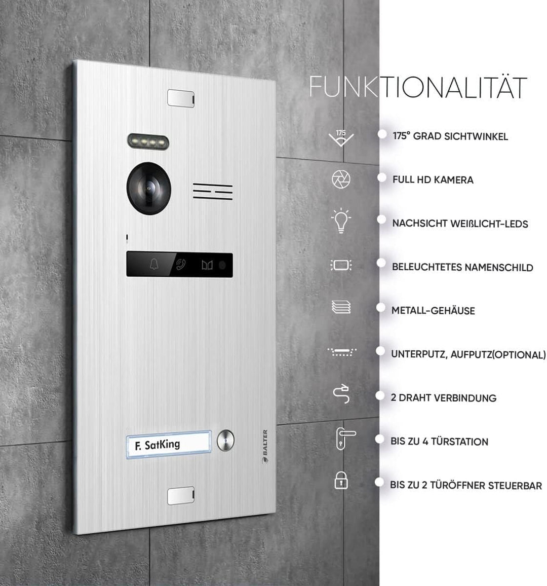 Balter EVO HD Silber/Weiss WiFi Video Türsprechanlage Set für 1 Familienhaus (1x Türstation mit Full