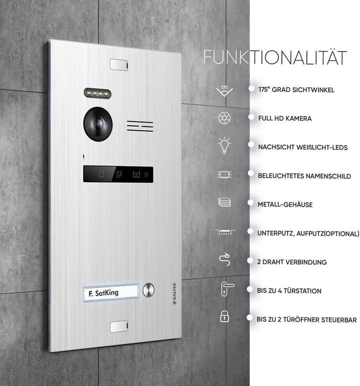 Balter EVO HD Silber/Weiss WiFi Video Türsprechanlage Set für 1 Familienhaus (1x Türstation mit Full