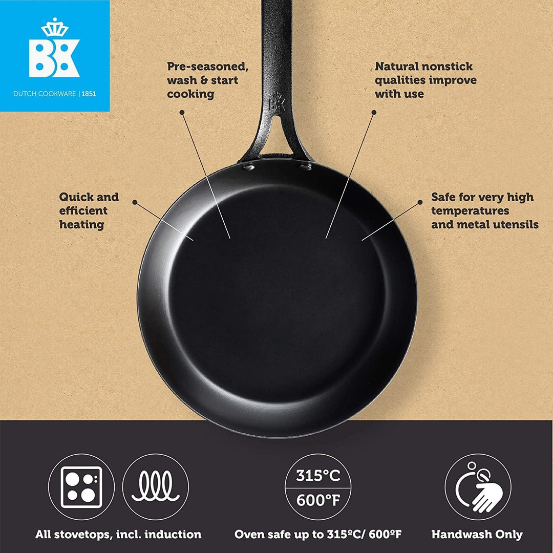 BK Black Steel Vorgewürzte 20cm Bratpfanne aus Kohlenstoffstahl, Geeignet für Induktion, Backofen un