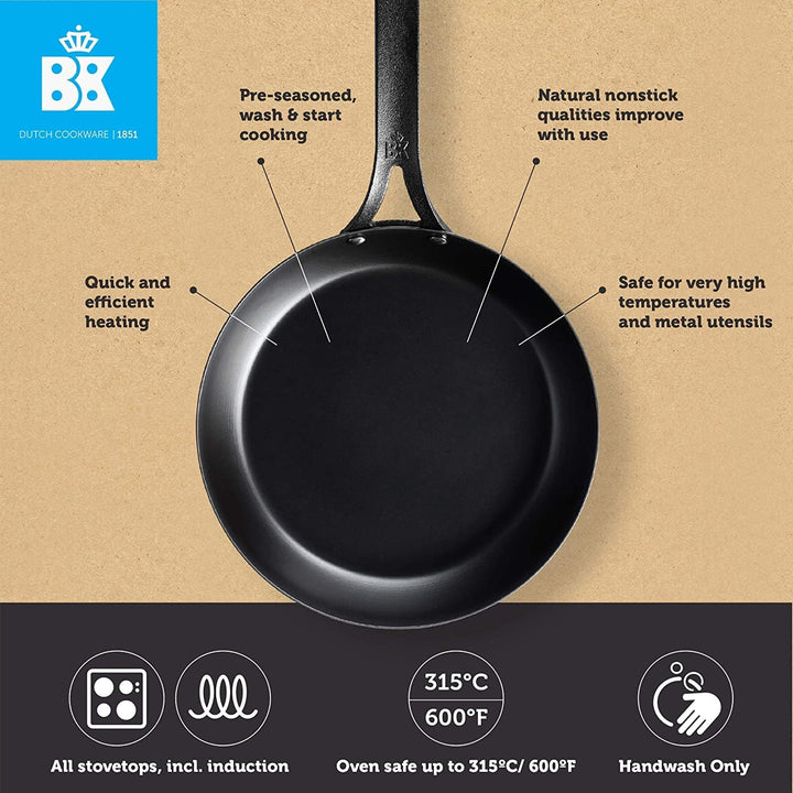 BK Black Steel Vorgewürzte 20cm Bratpfanne aus Kohlenstoffstahl, Geeignet für Induktion, Backofen un