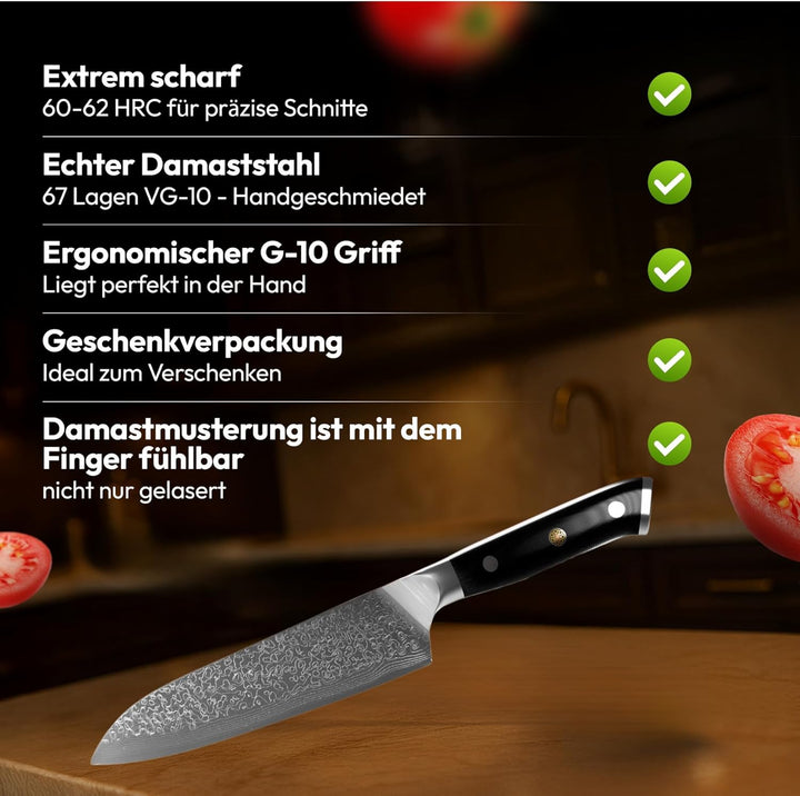 Santoku Damastmesser 18cm,Profi Kochmesser aus 67 Lagen VG10 Stahl | Handgeschmiedete Klinge, Echte