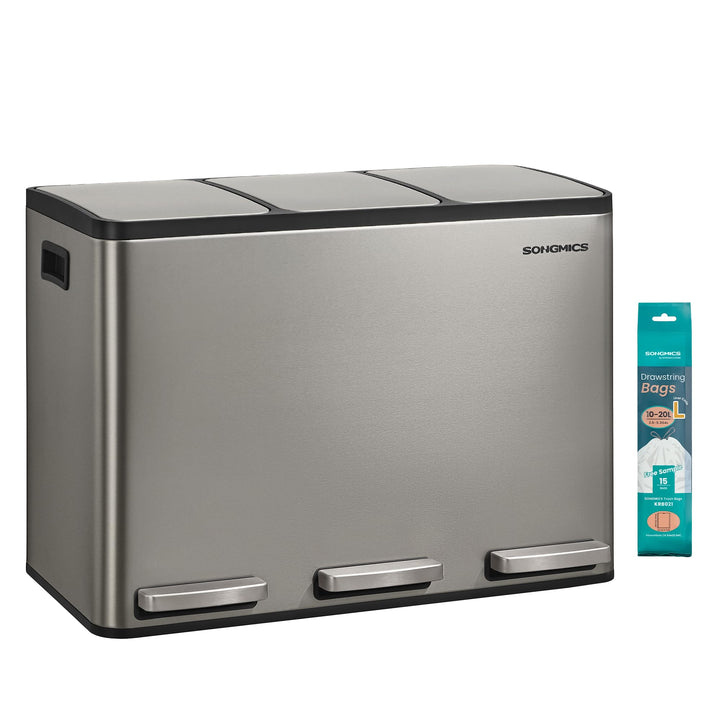SONGMICS Mülleimer Küche, 3 x 15 L, Mülltrennsystem 3 Fächer, Abfalleimer mit 15 Müllbeuteln, Tretmü