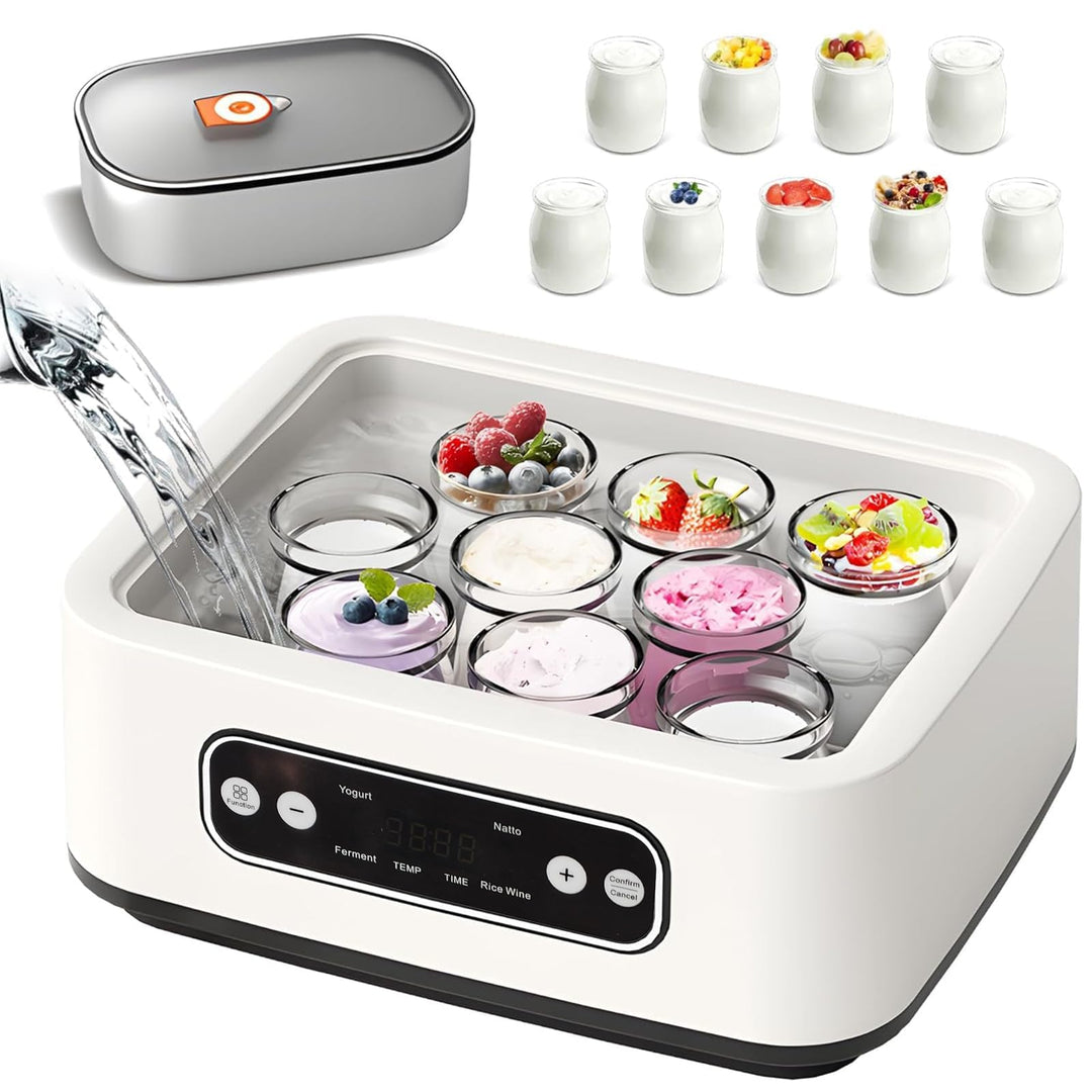 Joghurtbereiter mit einem 1,6-Liter-Edelstahleinsatz und 9 Glasbehälter à 100 ml, Abschaltautomatik