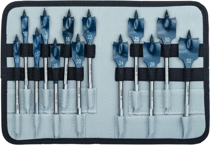 Bosch Professional 13 tlg. SelfCut Speed Flachfräsbohrer-Set (für Holz, Rolltasche, 1/4" Sechskantsc