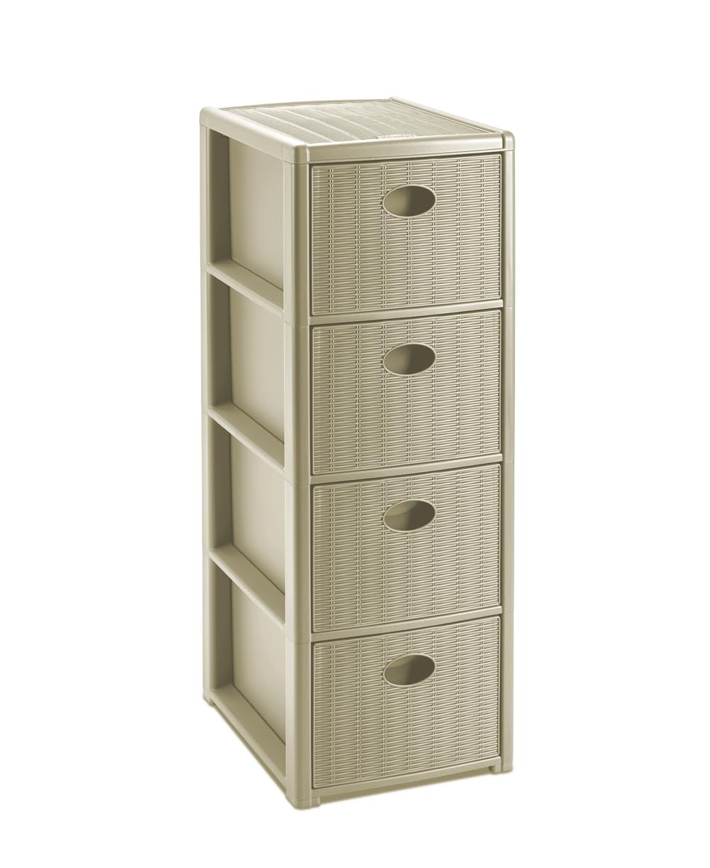 Rollbarer Schubladenschrank aus Kunststoff in Rattan-Optik mit 4 Schubladen. Masse: 30x40x81 cm. In
