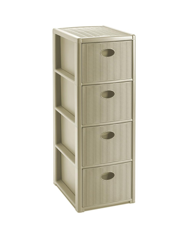 Rollbarer Schubladenschrank aus Kunststoff in Rattan-Optik mit 4 Schubladen. Masse: 30x40x81 cm. In