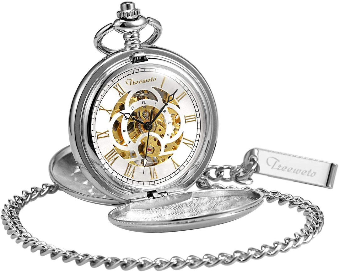 TREEWETO Unisex Taschenuhr mit Kette Analog Handaufzug Doppelscharnier Antik Graviert Römische Silbe
