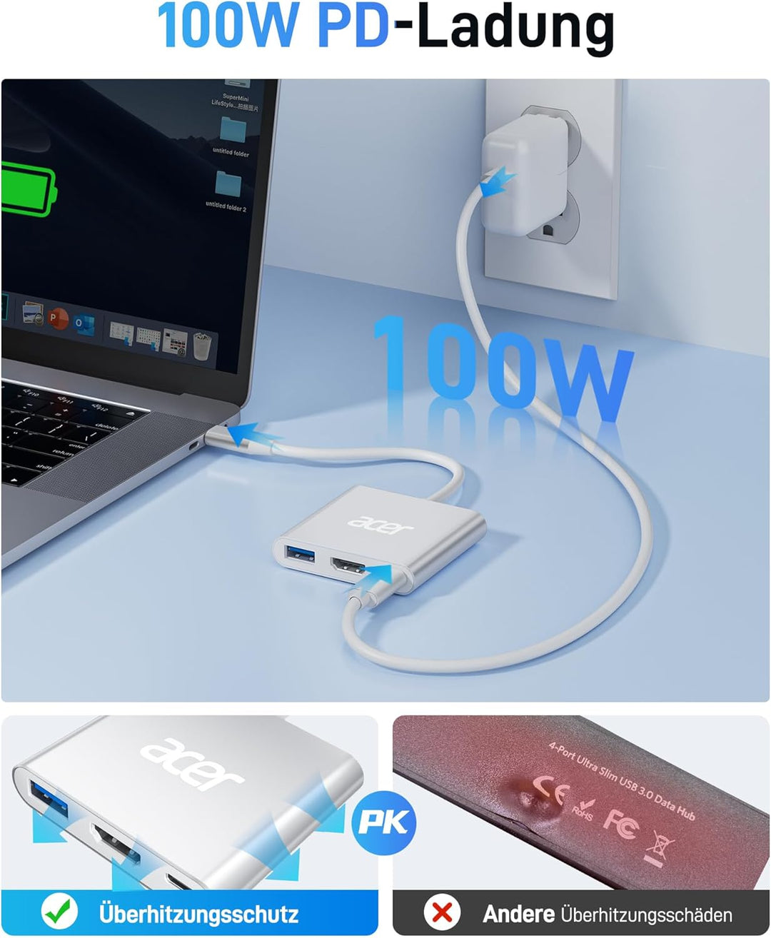 Acer USB-C HDMI Multiport Adapter - 4K, 100W PD, USB 3.0 5Gbps Datenport - Kompatibel Mit MacBook Pr