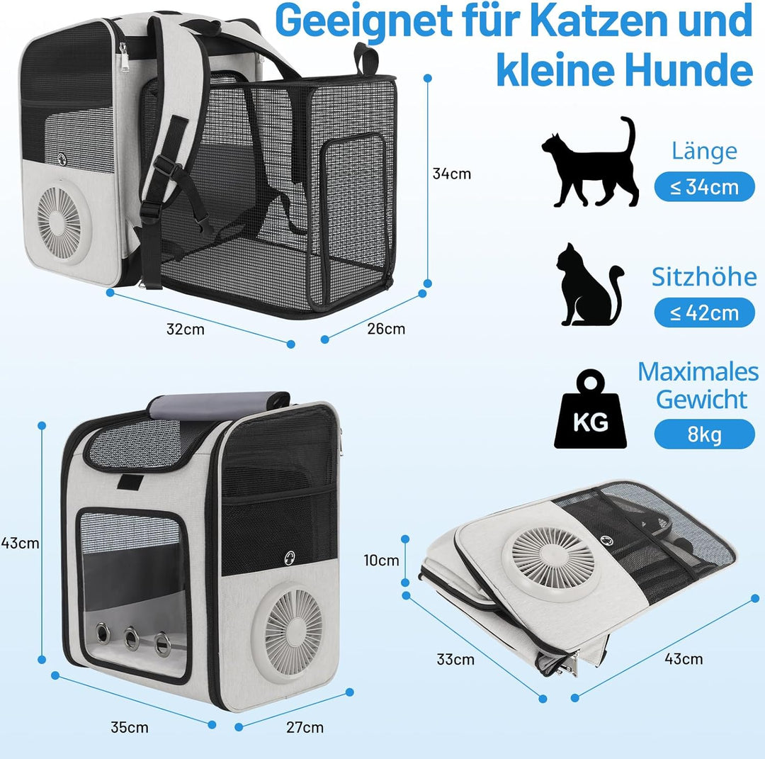 Katzenrucksack mit Kühlventilator und Heizkissen für alle Jahreszeiten, erweiterbare Haustiertrageta