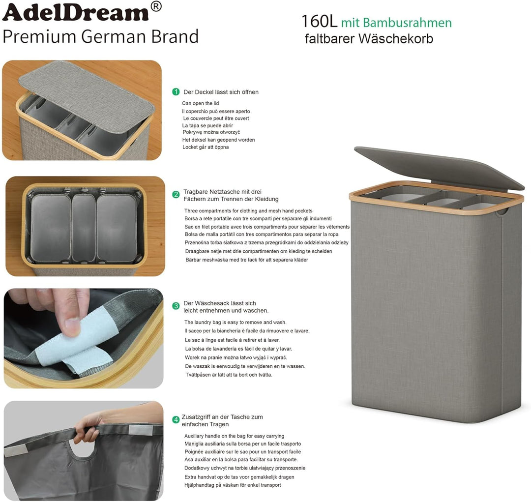 AdelDream 160L Wäschekorb mit Deckel 3 Fächer Wäschekorb Wäschesack schmal Wäschesortierer Wäschebox