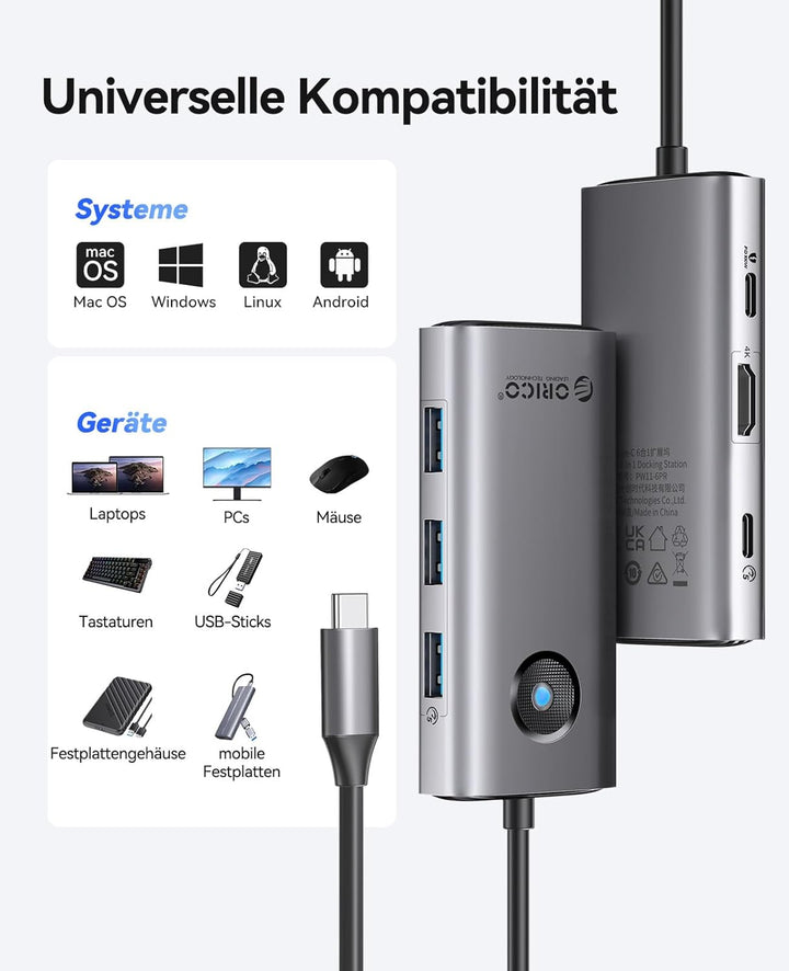 ORICO Docking Station, 6 in 1 USB C Hub Dock mit HDMI 4K+PD100W+4×USB3.0, USB 3.0 Hub Multiport Adap