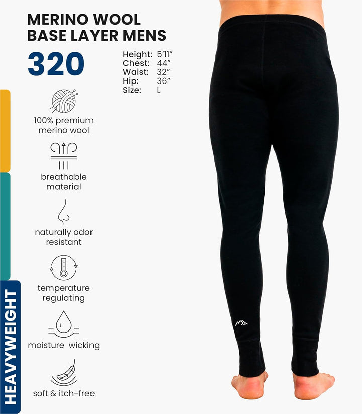 Merino Unterwäsche Herren - Lange Unterhosen Herren Merino Thermounterwäsche + Wollsocken 320 Black