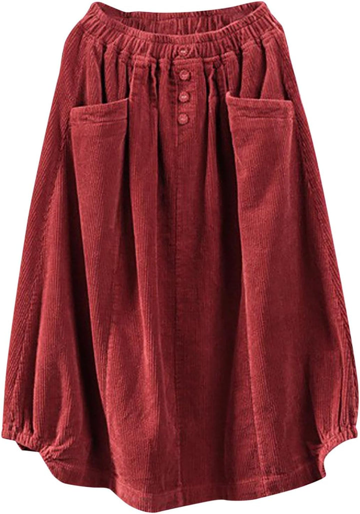 Generisch 2025 Damenrock Winter Cordrock Frauen Midi Lange Röcke Weibliche elastische Taille A-Linie