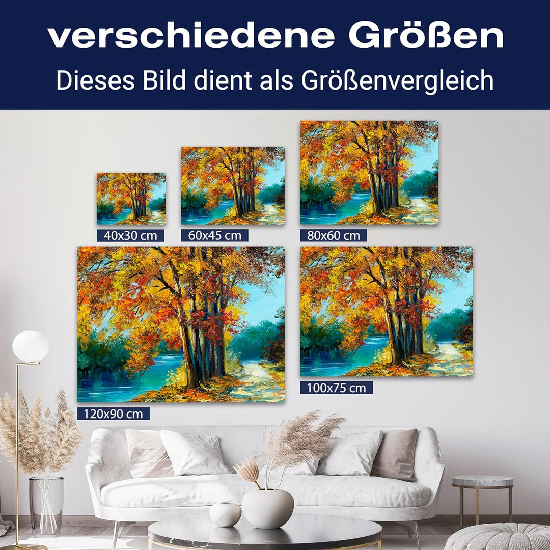wandmotiv24 Leinwandbild Malerei, 60x45cm, Querformat, Bäume, Weg, Wasser, Deko, Bilder auf Leinwand