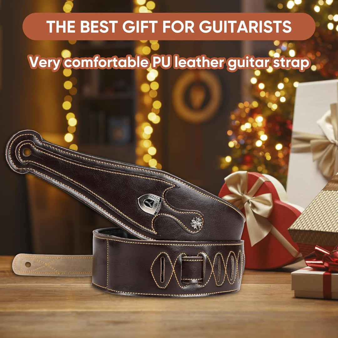 YUEKO Gitarrengurt aus Rindsleder, verstellbar, genarbtes Leder, gepolsterter Schultergurt für Akust
