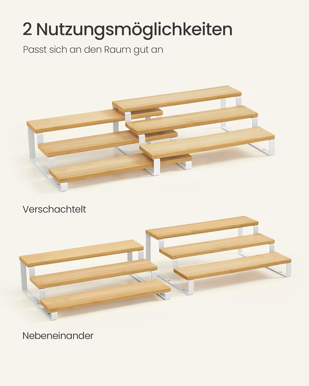 SONGMICS Gewürzregale, Küchenregale, stehend, Küchen-Organizer, 2er Set, Bambus, mit je 3 Ablagen, a