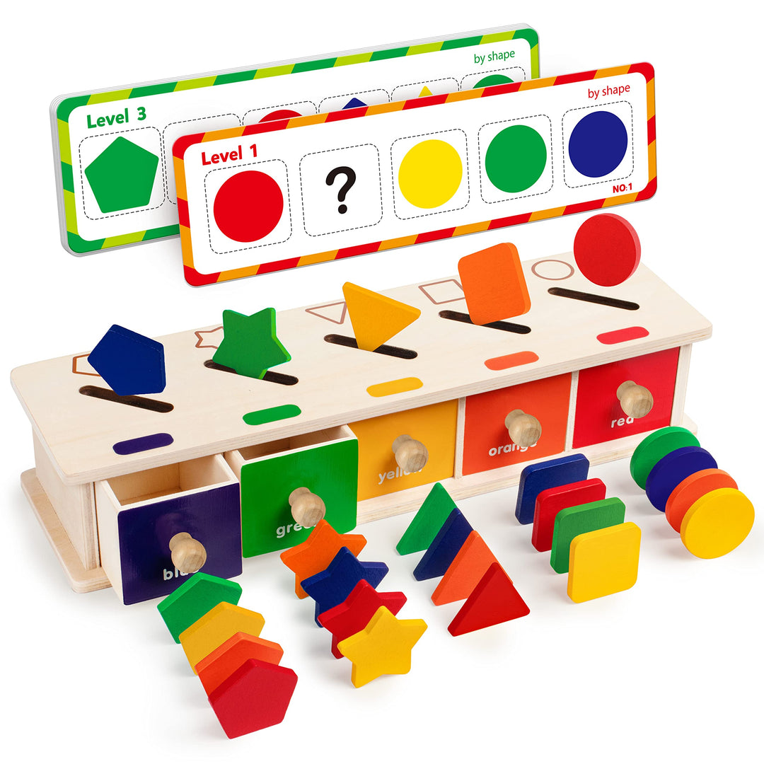 Coogam Montessori Toys Holz-Sortierbox in Farbform, geometrische passende Blöcke, frühes Lernen, päd