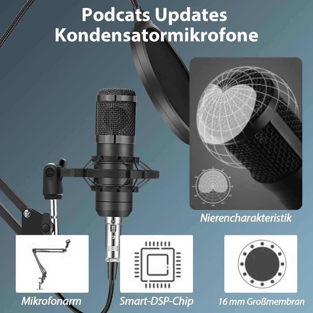 Podcast-Ausrüstungspaket für 2, Audio-Interface mit Sprachumschalter-Kondensatormikrofone für Gamer,