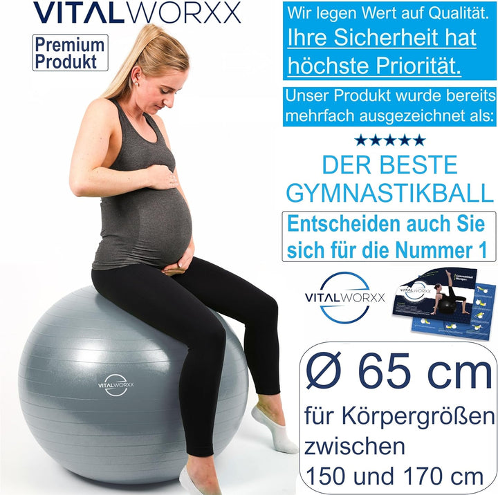 VITALWORXX Gymnastikball für Schwangere, extrem stabil, Sitzball Yogaball Pezziball mit Pumpe, mit Ü