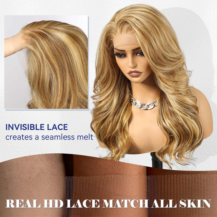 HAIRCUBE 13x6 HD Synthetische Lace-Front-Perücke, 24 Zoll blonde Highlights, lange lockige Stufenper