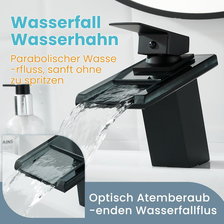 ZYNUHMO Wasserhahn Bad,Wasserfall Armatur Badezimmer Glas,Einhand-Waschtischarmatur,Schwarz, Schwarz