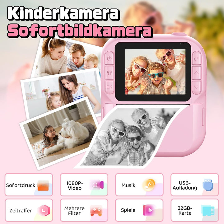 Kinderkamera Sofortbildkamera, 1080P Sofortbildkamera Kinder mit 32GB Karte & 3 Rollen Druckpapier,