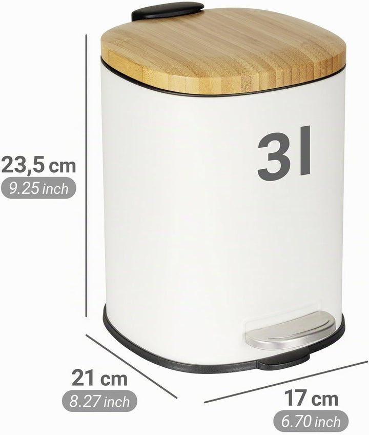 WENKO Kosmetikeimer Mod. Fianema Treteimer 3L weiss mit Bambusdeckel Easy-Close Absenkautomatik Meta