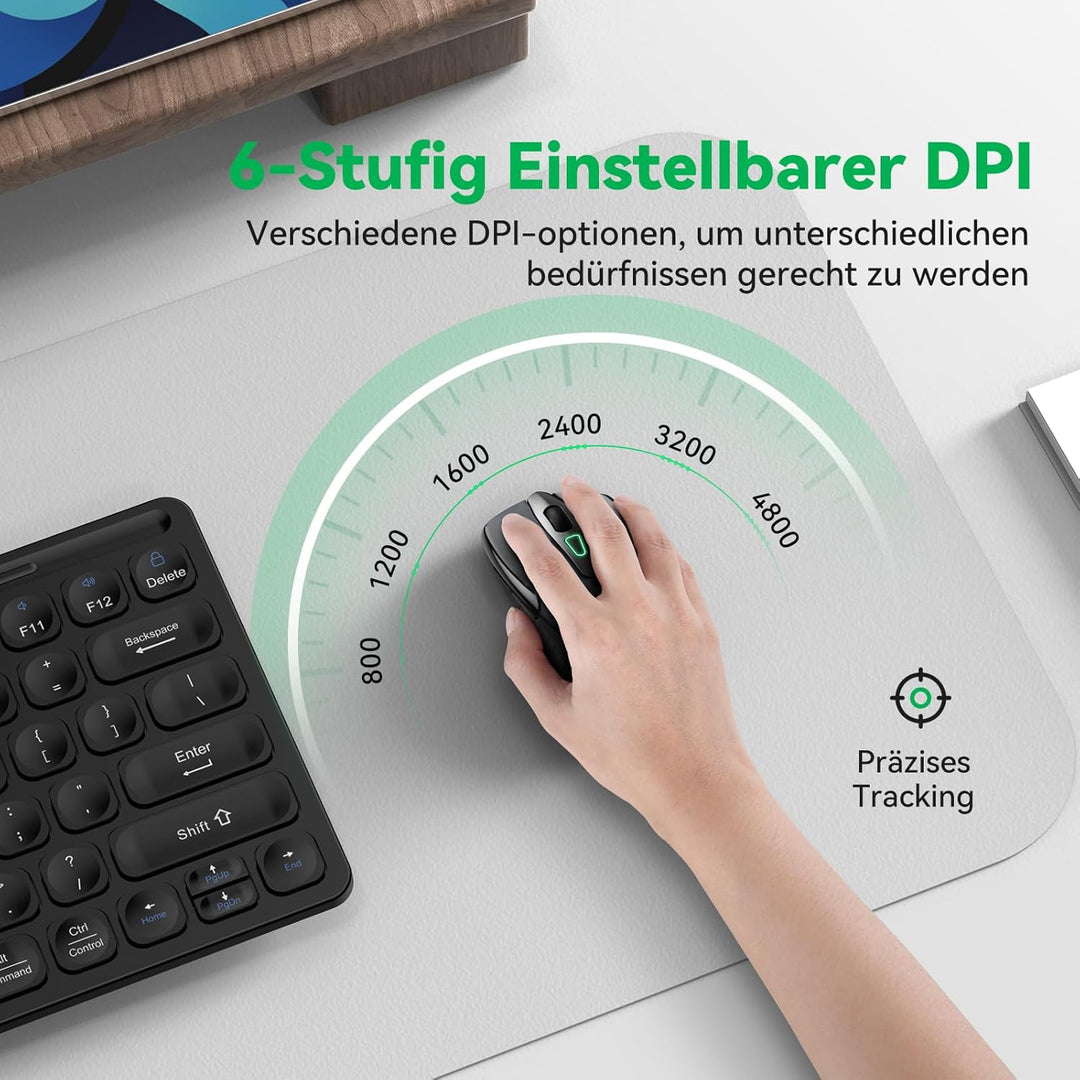 TechRise Bluetooth Maus, 2.4G Kabellose Maus (BT 5.0/3.0 + 2.4G), 4800 DPI Wiederaufladbare Ergonomi
