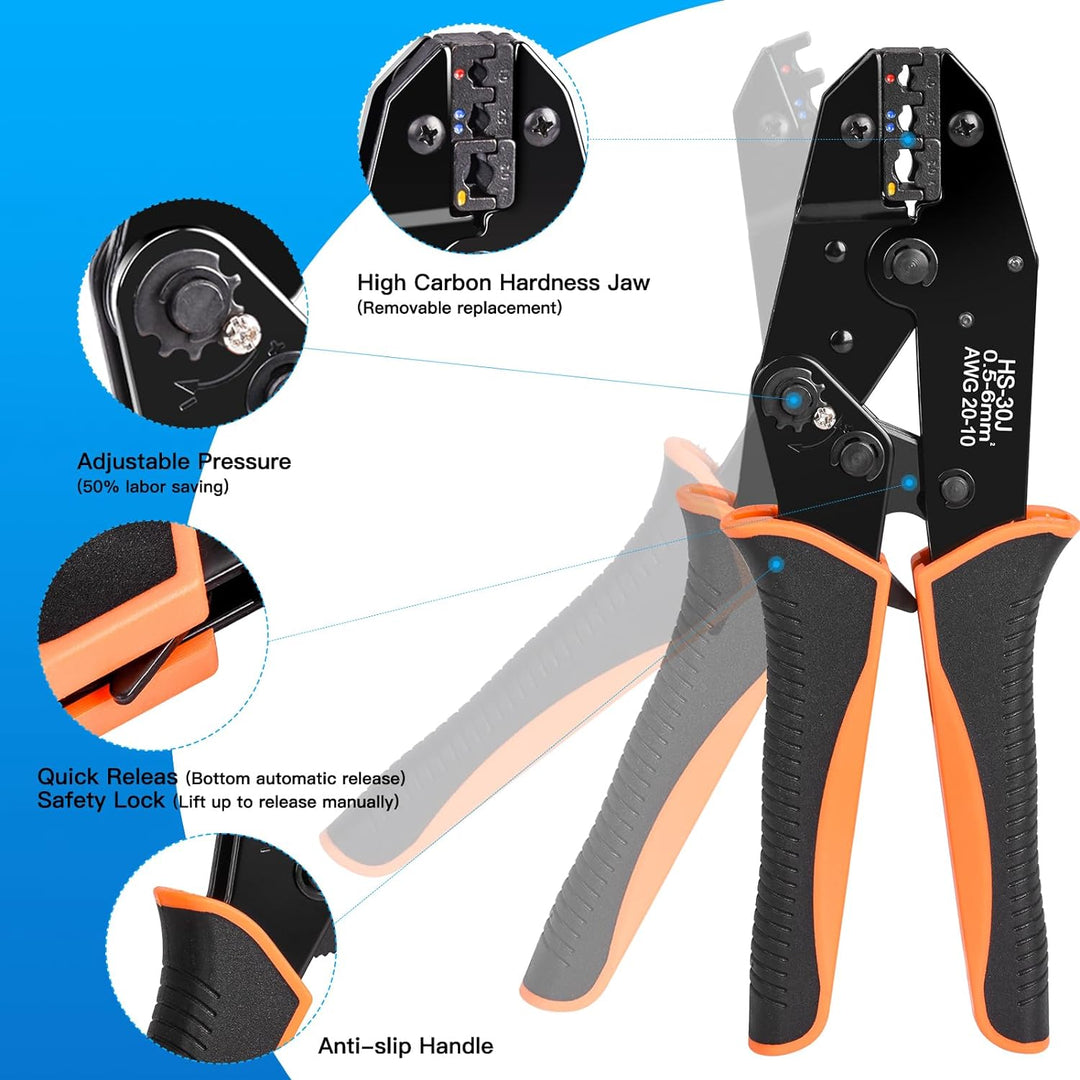 fioay Crimpzange Kabelschuhe Set, Kabelschuhzange Crimpzange mit Ratschenfunktion,Crimpzange für 0,5