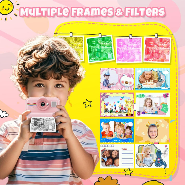 HiMont Kinderkamera Sofortbildkamera, 1080P Sofortbildkamera Kinder mit 32GB Karte & 3 Rollen Druckp