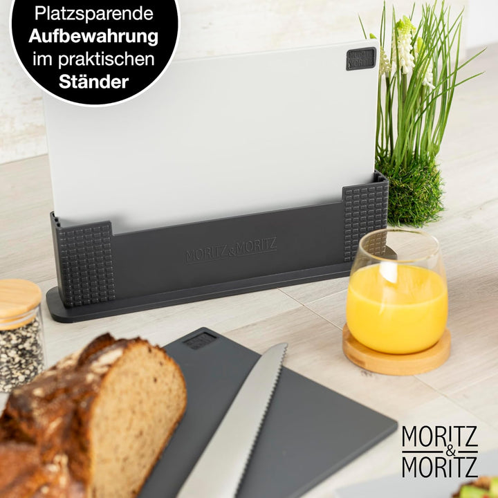 Moritz & Moritz 3x Schneidebrett Kunststoff Set - 32 x 22 cm - Im praktischen Ständer – Küchenbrett