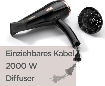 BaByliss Cordkeeper 2000 Ionic-Haartrockner D373E, einzigartige Kabeleinzugsfunktion Im Griff, 2000