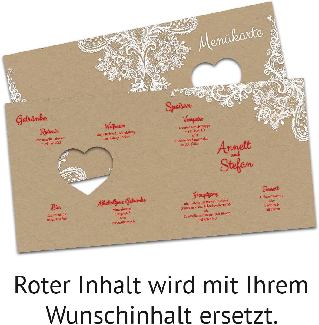 Lasergeschnittene Hochzeit Menükarten (10 Stück) Speisekarte Getränkekarte - Rustikal Kraftpapier, 1