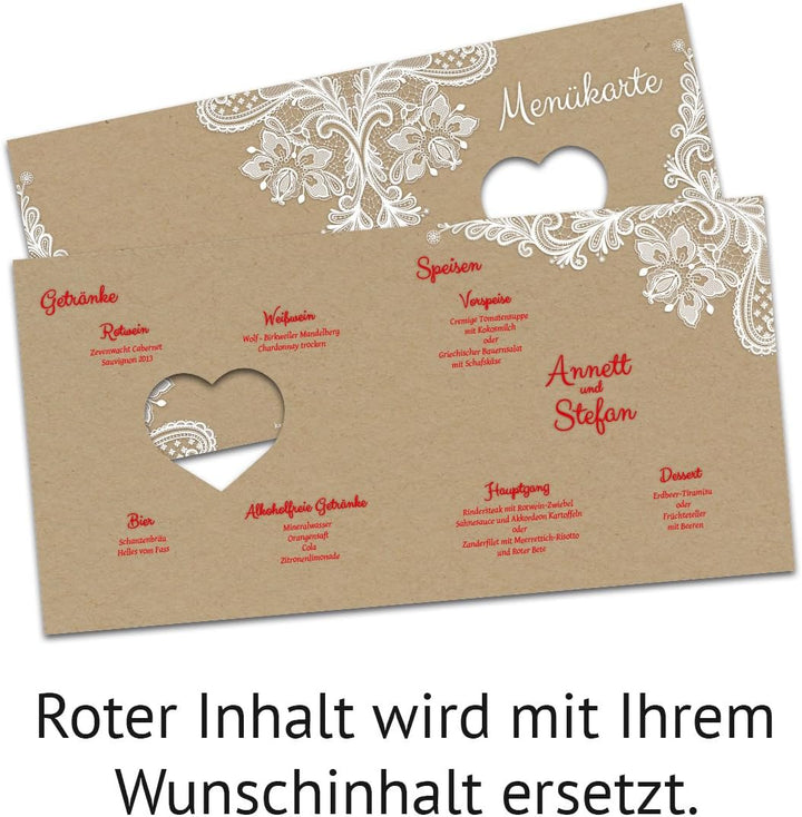 Lasergeschnittene Hochzeit Menükarten (10 Stück) Speisekarte Getränkekarte - Rustikal Kraftpapier, 1