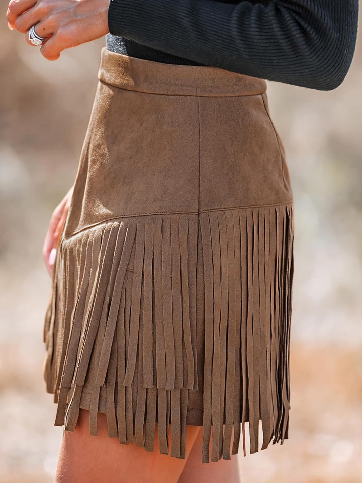 CUPSHE Damen Rock Herbst Winter Fransen Wildleder Rock, High Waist Western Outfit Minirock Mini Skir