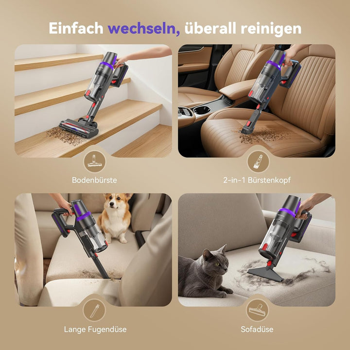 TechRise Akku Staubsauger 45000Pa/500W/60Min, Anti-Tangle-Bürste & 8-in-1-Funktion (Selbststehend) S