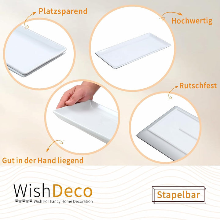 WishDeco Servierplatte Gross 2er Set, Servierteller Porzellan 40x19 cm, Kuchenplatte Rechteckig, Tel