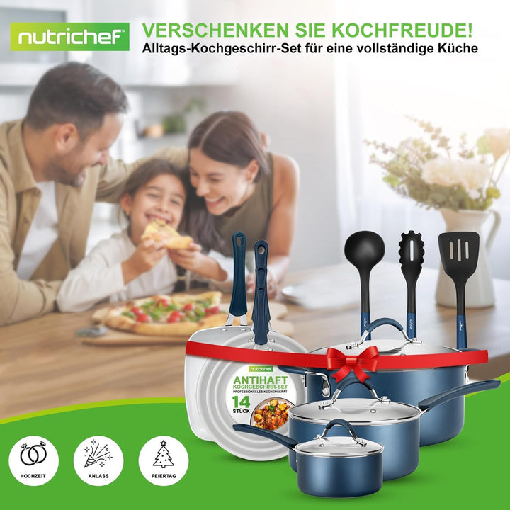 NutriChef Pfannenset & Topfset Induktion 14-teilig, PFOA/PFOS-frei, Antihaftbeschichtet, Kochtopf Se