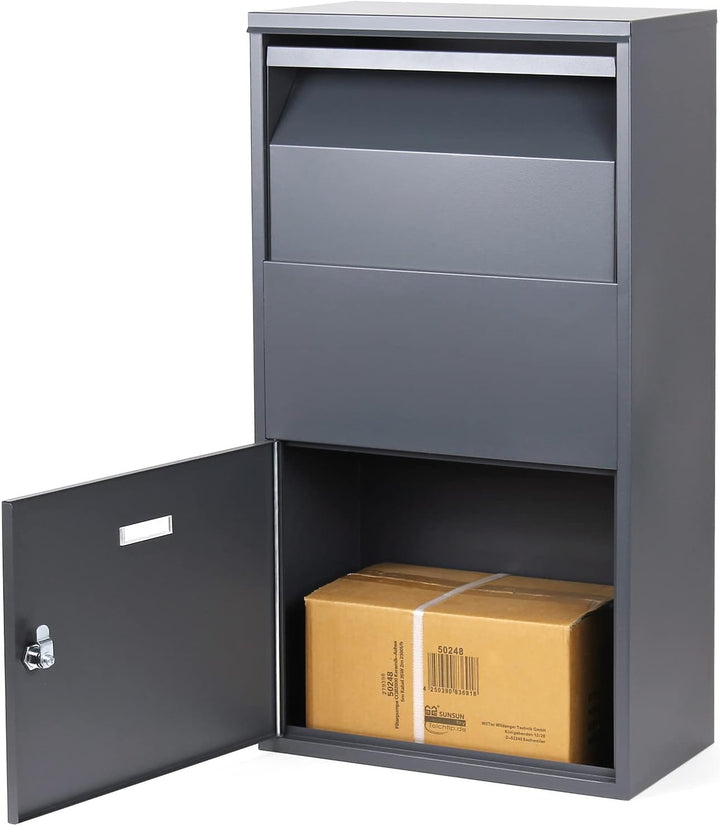 Wiltec Paketkasten grau 410 x 220 x 750 mm, Paketbox Zuhause, Private Paketannahme passend für Paket