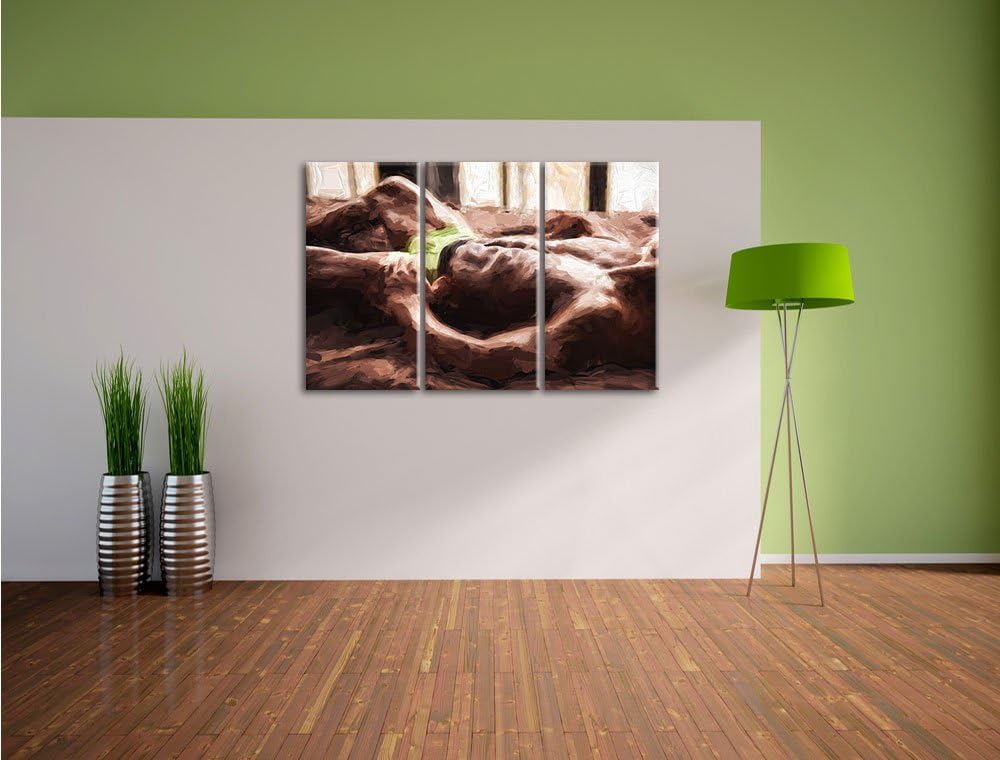 Pixxprint Muskulöser Mann im Bett Kunst Pinsel Effekt 3-Teiler Leinwandbild 120x80 Bild auf Leinwand
