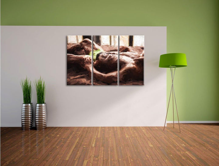 Pixxprint Muskulöser Mann im Bett Kunst Pinsel Effekt 3-Teiler Leinwandbild 120x80 Bild auf Leinwand