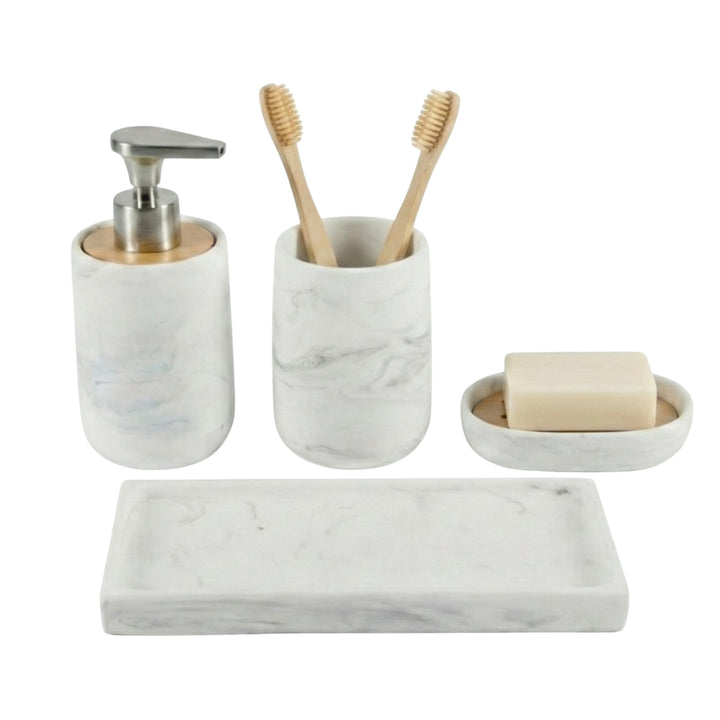 Badezimmer Set 4-teilig mit Tablett - Seifenspender (Pumpe aus Zinklegierung), Zahnputzbecher, Seife