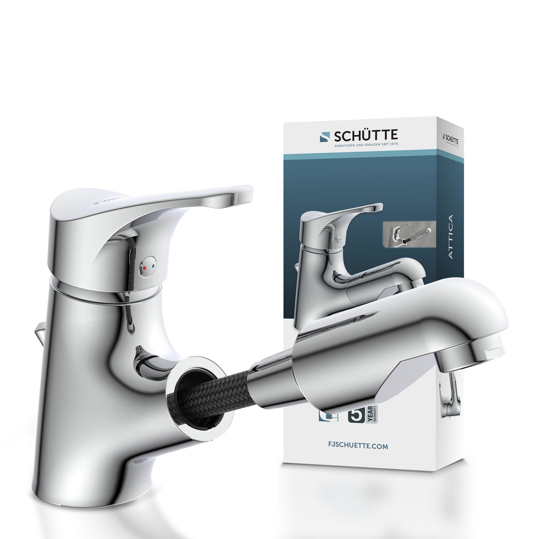 ATTICA 22150 Waschtischarmatur Bad, Wasserhahn mit Haarbrause, Badarmatur mit ausziehbarer Brause zu
