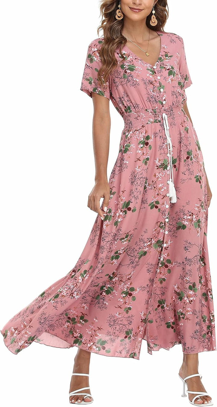 VOGMATE Damen Lange Split Knopf Up Sommer Maxikleid Floral Strandwear Holidy Kleid Hohe Taille mit k