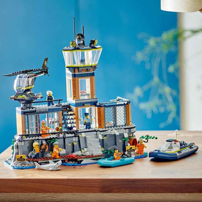 LEGO City Polizeistation auf der Gefängnisinsel, Polizei-Spielzeug mit Hubschrauber, Boot und Hai, S