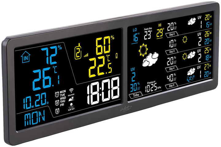 infactory Wanduhr: WLAN-Funk-Wetterstation mit Widescreen-VA-Display, Aussensensor und App (WLAN-Far