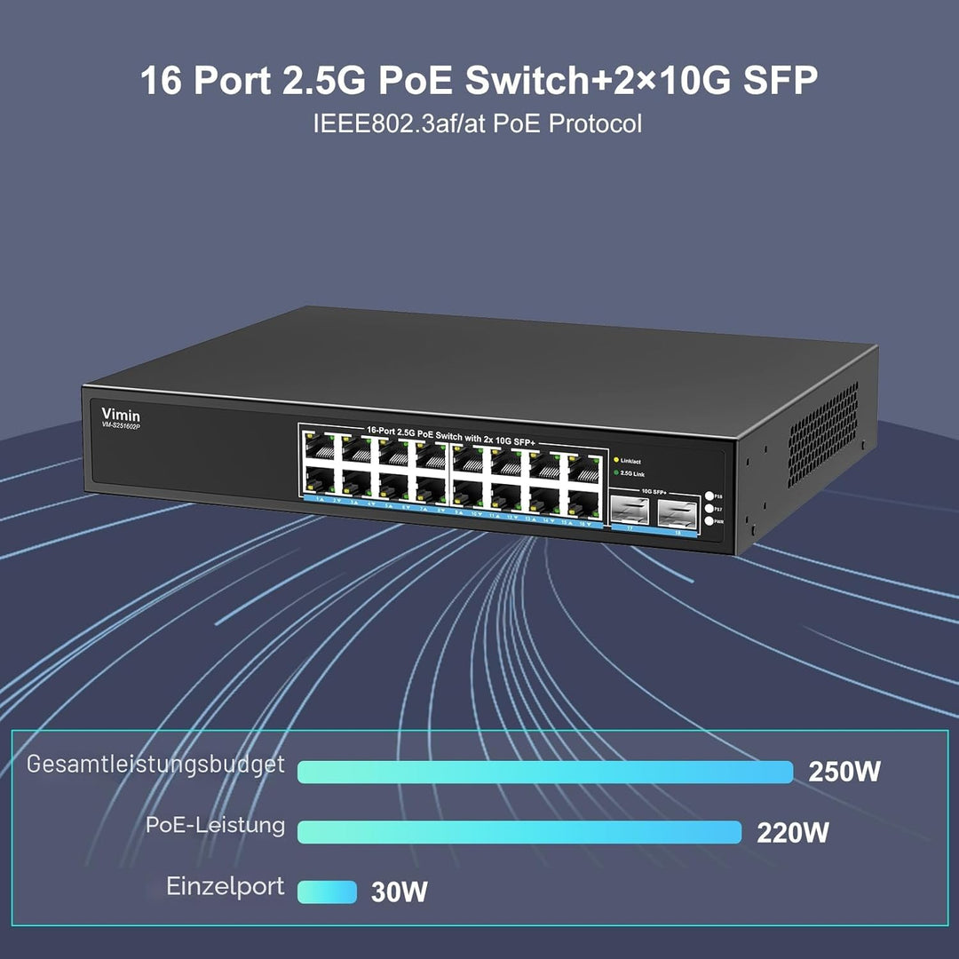 16 Port 2.5G PoE Switch Unmanaged mit 2X 10Gbps SFP, VIMIN 16x 2.5G Base-T PoE Ports, 10G SFP PoE Sw