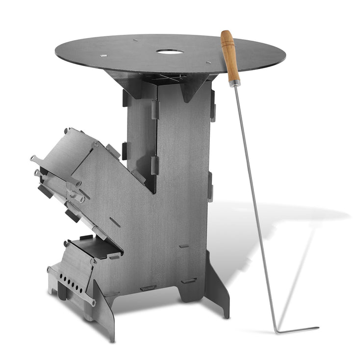 Raketenofen mit Grillplatte gross 5mm, Rocket Stove mit Feuerhaken，Kanonenofen Stecksystem aus massi